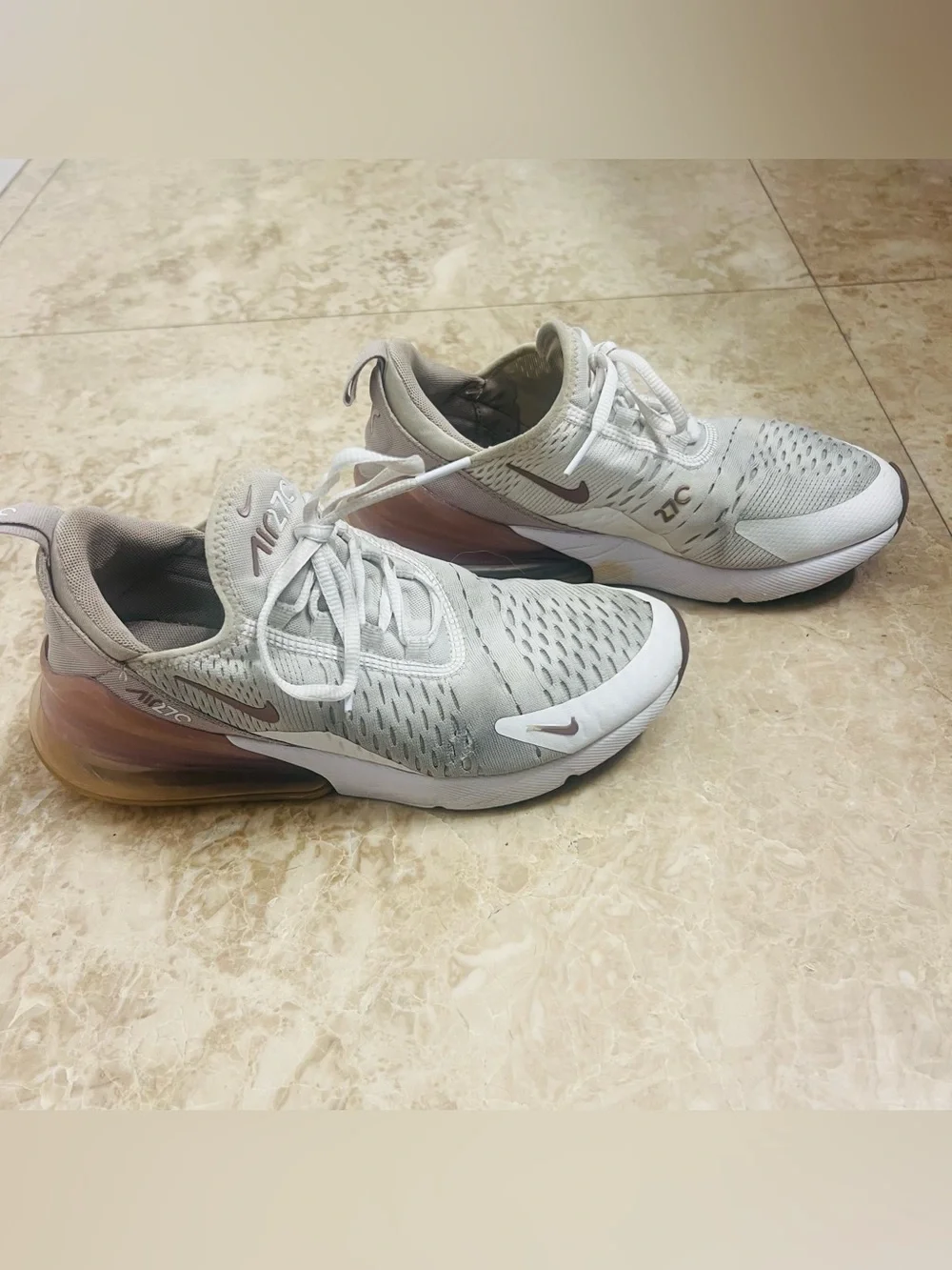 Nike Air Max 270 White and Rose Gold Accent Sneakers
